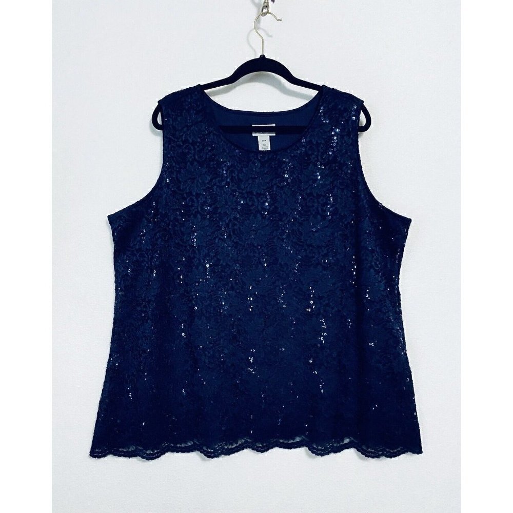 Catherines Womens 26W Sleeveless Lace Tank Scalloped Hem Sequins Blue Boho